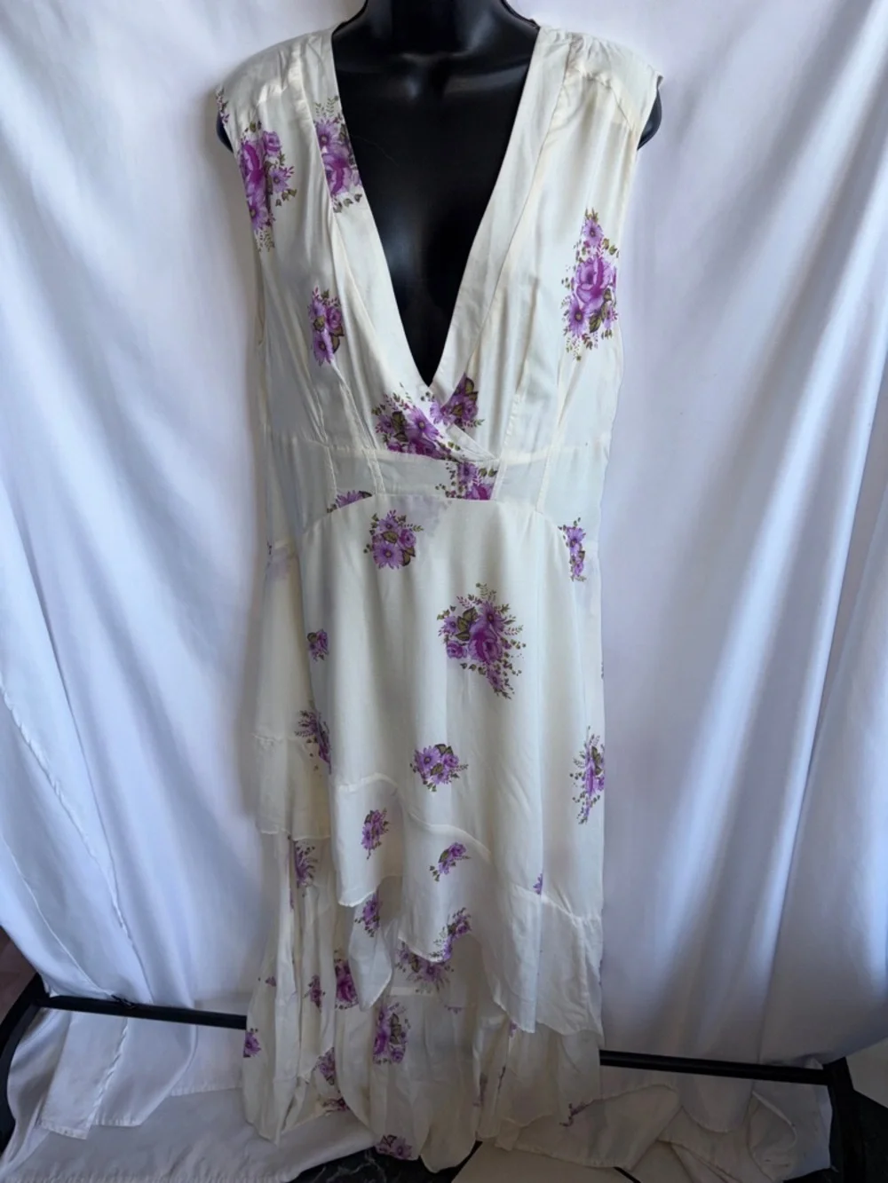 Free People Birdie Floral High Low White Dress, sz 12, 20” PTP, 51” L back